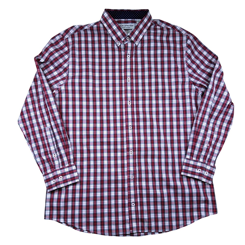 Nick Graham Button Down Shirt Mens XL Red Plaid Stretch Modern Fit Long Sleeve